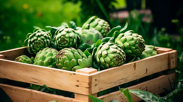 artichoke harvest in a box in the garden. Selective focus. food.