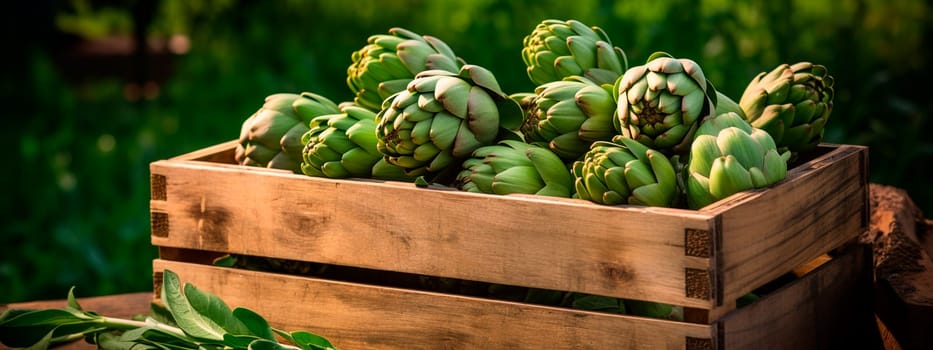 artichoke harvest in a box in the garden. Selective focus. food.