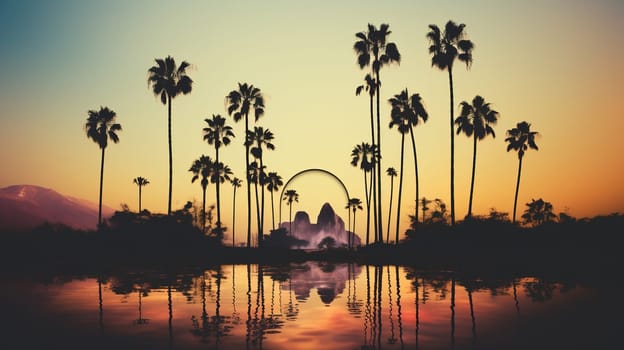 Silhouettes of palm trees at sunset, dawn with reflection in the water.