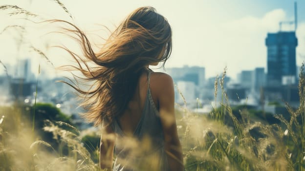 Rear view of a dark-haired girl in a rice field near the city.