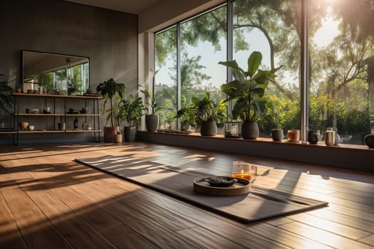 Interior of a fitness center with large windows and an unrolled yoga mat, meditation on a wooden floor. Studio with large windows and many potted plants.