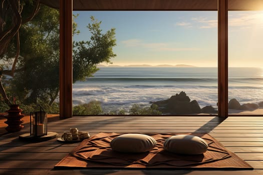 A place for yoga and meditation overlooking the ocean, sunset. Mental health concept.