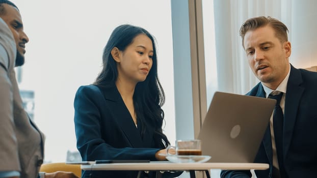 Ornamented office overlooking city skyline, diversity corporate professional discuss ambitious business expansion or strategic marketing. Financial advisor give consulting business insights and idea