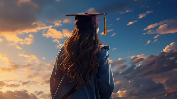 A rear view of a graduate girl, standing outdoors against a background of sunset sky.