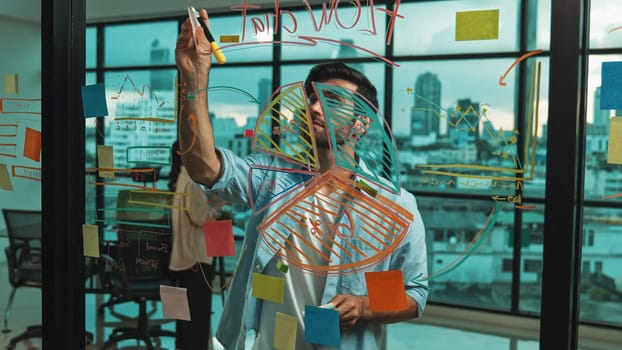 Professional businessman uses sticky notes at glass wall with graph to brainstorming idea while multicultural businesspeople discussing about marketing ideas at office with city view. Tracery