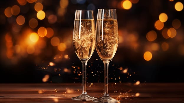 Two elegant glasses of champagne stand on the wooden table in the evening, surrounded by golden bokeh lights.