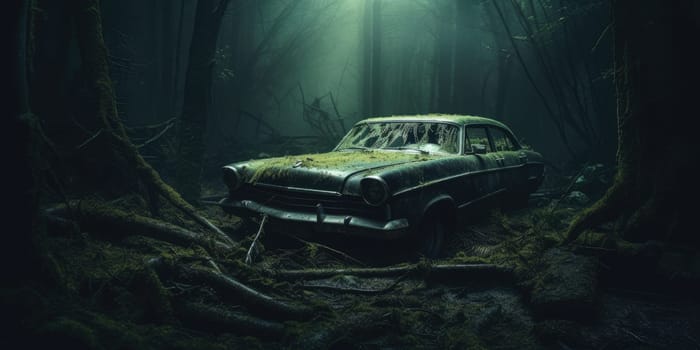 Abondoned car in a dark mystic forest