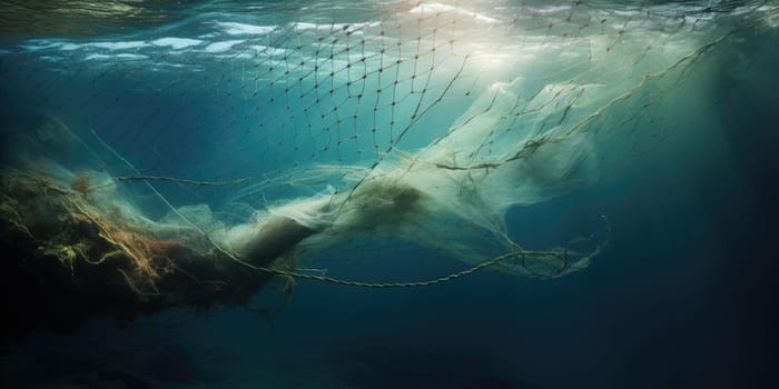 A huge fish net underwater, fishing concept