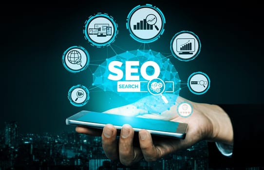 SEO - Search Engine Optimization for Online Marketing Concept. Modern interface showing symbol of keyword research website promotion by optimize customer searching and analyze market strategy. uds