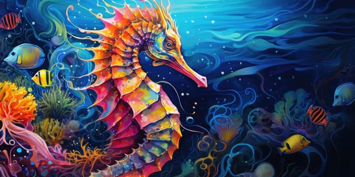 Beautiful, colorful seahorse as illustration in a sea, underwater