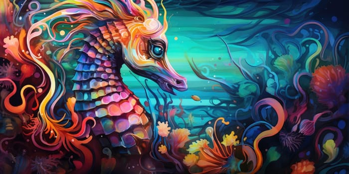 Beautiful, colorful seahorse as illustration in a sea, underwater