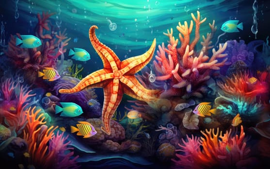 A starfish underwater by the coral reef, undersea life