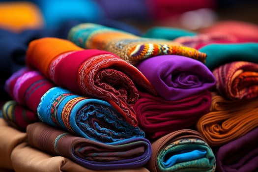 Colorful rolls of fabrics for sale in the market.Rolls of cotton with colorful and beautiful patterns in shop selling fabrics as rolls of fabric that are woven with machines in the factory. Linens