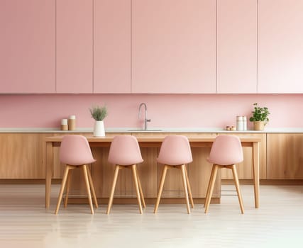 Interior of stylish modern kitchen. Empty pink marble table in beautiful kitchen wooden furniture and plants.. Space for design. Kitchen in sweet pink color. High quality photo