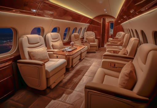 an empty inside luxury premium category plane with a futuristic, modern interior. Concept of expensive life, flying by private plane. Airplane cabin with luxurious interior and furniture.