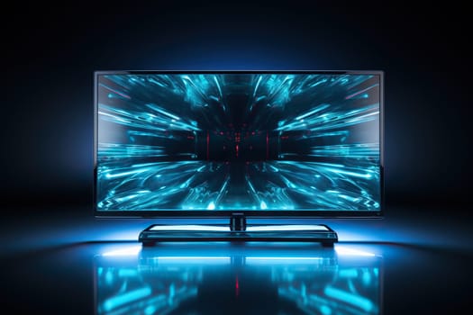 Computer monitor or TV screen on a blue background with a neon glow.