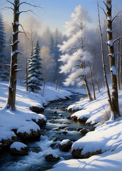 Stream in the winter forest. AI generated
