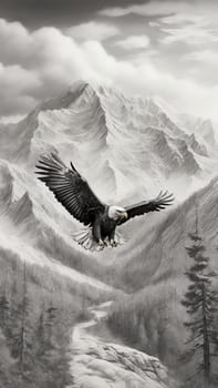 Flying eagle in the mountains. AI generated