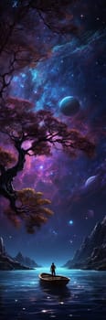 Magic tree in the light of the stars. AI generated
