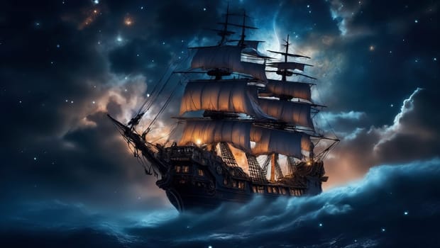 Sailing ship in the moonlight. AI generated