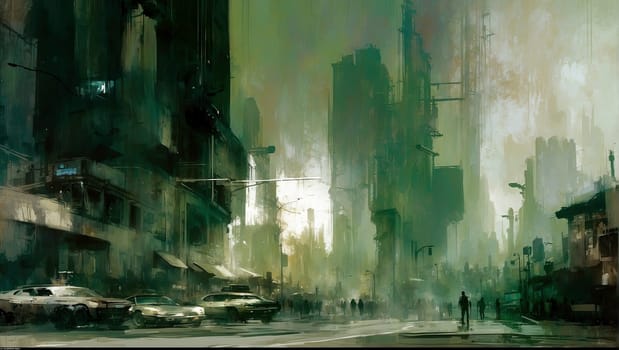 Rainy gloomy metropolis. AI generated