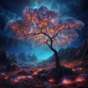 Magic tree in the light of the stars. AI generated