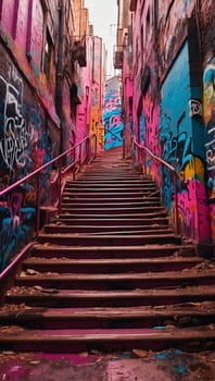Stairs leading up a street with graffiti. AI generated