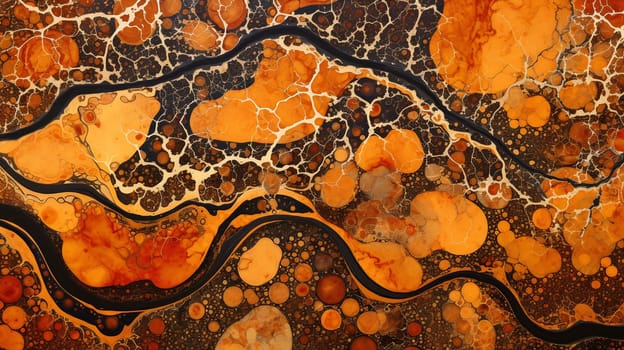 Vivid abstract marbling pattern with orange and black fluid shapes