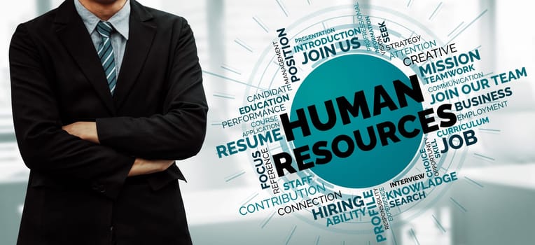 Human Resources Recruitment and People Networking Concept. Modern graphic interface showing professional employee hiring and headhunter seeking interview candidate for future manpower. uds