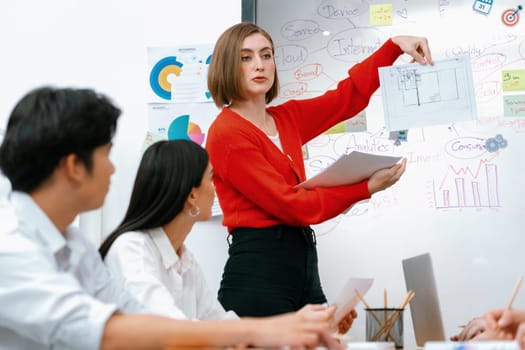 Professional attractive female leader presents creative marketing plan by using brainstorming mind mapping statistic graph and colorful sticky note at modern business meeting room. Immaculate.