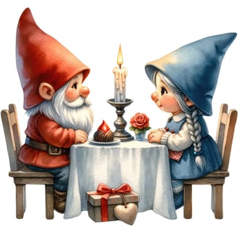 Valentines gnome, love Nordic gnome, Scandinavian gnomes, Watercolor cute valentines day postcard. Vellichor.