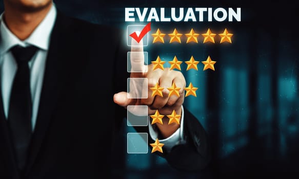 Customer review satisfaction feedback survey concept. User give rating to service experience on online application. Customer can evaluate quality of service lead to reputation ranking of business. uds