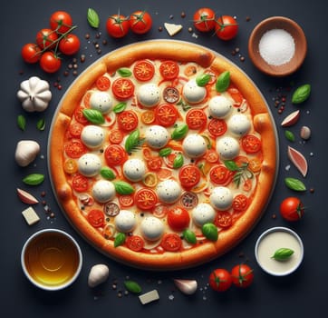 lay flat melted mozzarella cheese tomato and basil pizza ready to eat illustration ai generated