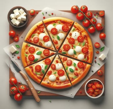 lay flat melted mozzarella cheese tomato and basil pizza ready to eat illustration ai generated