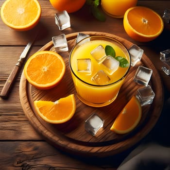 A glass of orange juice with cubes of ice on wooden bavkground.