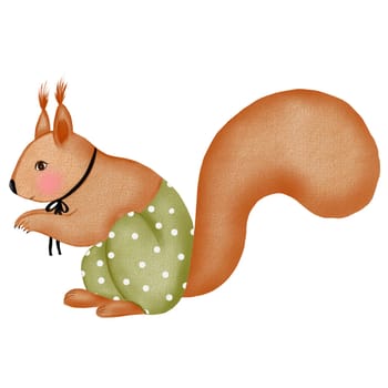 Red adorable squirrel in pants and with a bow. Hand drawn watercolor illustration of a forest cub on a white isolated background for children's greeting cards, invitations and educational cards. Forest animal in a cute cartoon style
