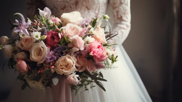 woman holding a wedding bouquet flowers, ai