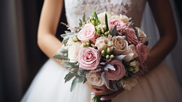 woman holding a wedding bouquet flowers, ai