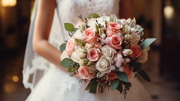 woman holding a wedding bouquet flowers, ai