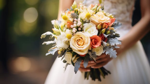 woman holding a wedding bouquet flowers, ai