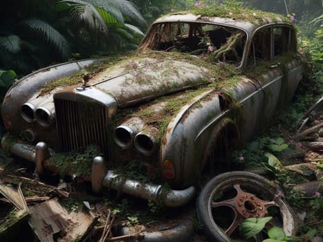 Abandoned rusty expensive atmospheric deluxe sedan car limo as circulation banned for co2 emission 2030 agenda , severe damage, broken parts, plants overgrowth bloom flowers. ai generated