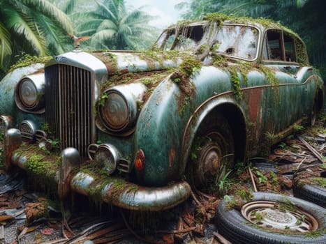 Abandoned rusty expensive atmospheric deluxe sedan car limo as circulation banned for co2 emission 2030 agenda , severe damage, broken parts, plants overgrowth bloom flowers. ai generated