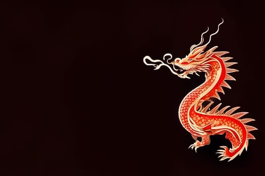 A golden Chinese dragon on a black background, an art image of the symbol of the new lunar year according to the Eastern calendar, a copy of the space on the left.