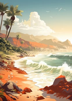 Serene Sunset Over Tropical Beach: A Vibrant Illustration of a Lush Jungle Meeting a Golden Hour Sky, with a Tranquil Coastline, Crystal Blue Seas, and Palm Trees - a Perfect Vacation Destination