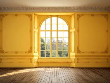 The Clean and Elegant White Interior: A Modern, Empty Living Room with Wooden Parquet Floor and Sunlight Streaming in through a Window Frame