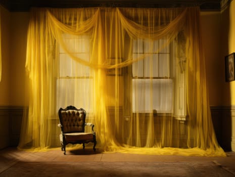 Vintage White Window with Lace Curtains: A Cozy and Empty Living Room in a Dark and Old House