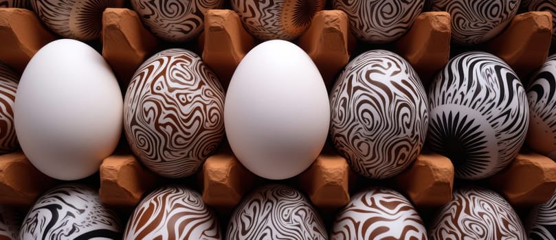 Eggcellent Easter Delights: A Wholesome Assortment of Organic Brown and White Eggs, Packed in a Symbolic Cardboard Carton, Representing Nature's Freshness and Farm-to-Table Healthy Ingredients amidst a Close-Up of Broken Shells on a Nest of Celebration.