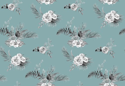 Watercolor seamless botanical monochrome pattern with dry palm leaves and roses and dried flowers on a turquoise background for textile and surface design