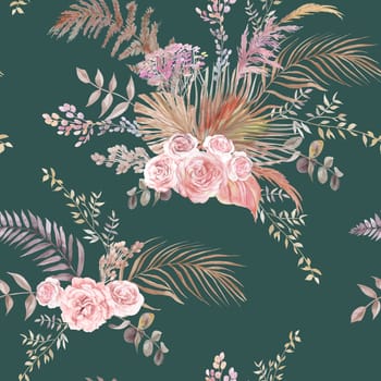 Seamless watercolor pattern with herbarium of tropical palm leaves and delicate roses for textile and surface design