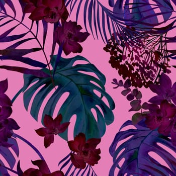 Seamless bright tropical pattern with orchid flowers and monstera leaves. Botanical pattern for textile and surface design